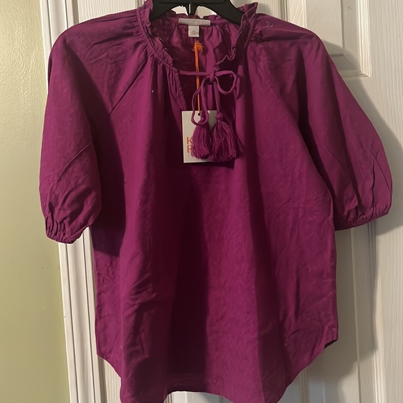 NWT Knox Rose Top Size XS Purple Frills V Neck Cinched Elbow Length Puff Sleeve - Picture 4 of 5